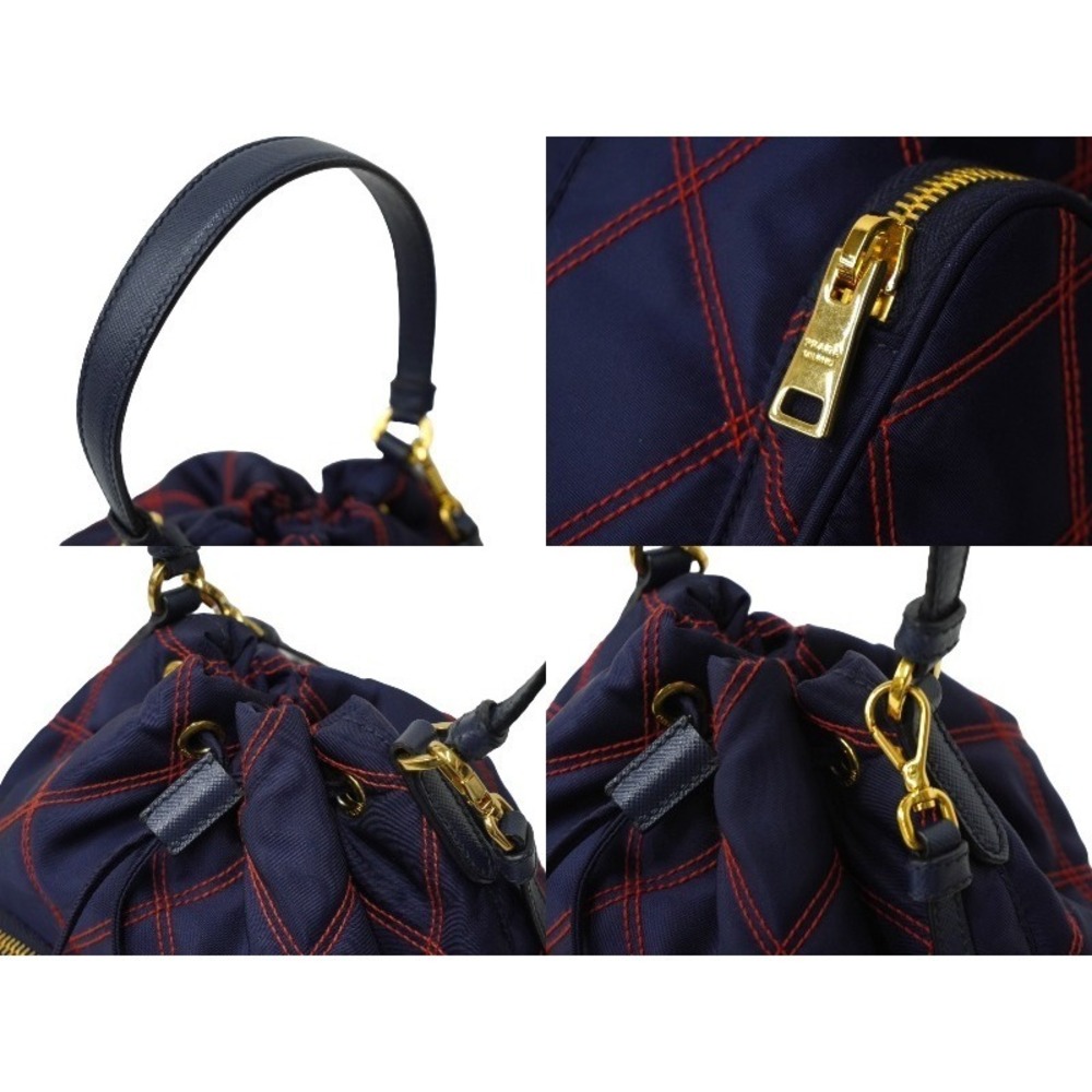 PRADA handbag triangle logo Navy Blue red color stitching drawstring closure - Picture 5 of 10